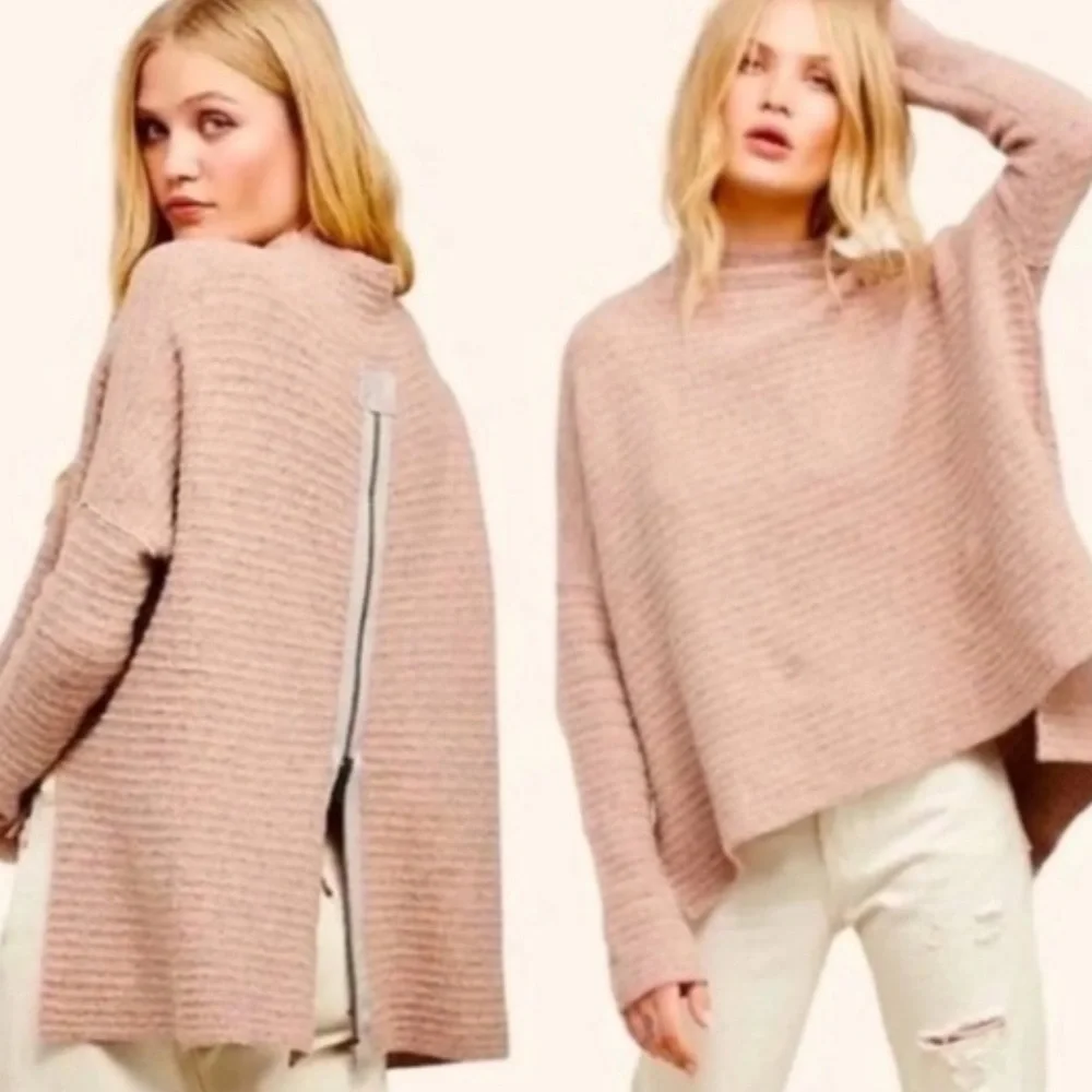 Free People Arctic Fox Sweater Zip Back Charcoal Small Oversized Wool Blend